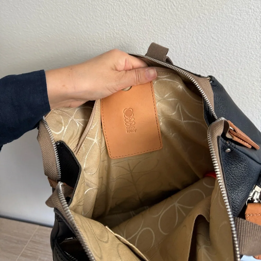 Orla Kiely Flower Stem Embossed Leather Backpack, Black - Picture 7 of 7